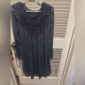Elegant dark grey Lace Midi Dress, indigo thread size small, lace, bell sleeve